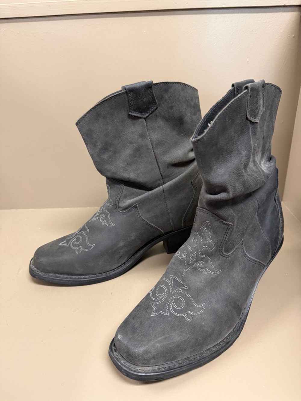 Charcoal Grey Western Slouch Suede Leather Ankle Boots, Square Toe, Stitching